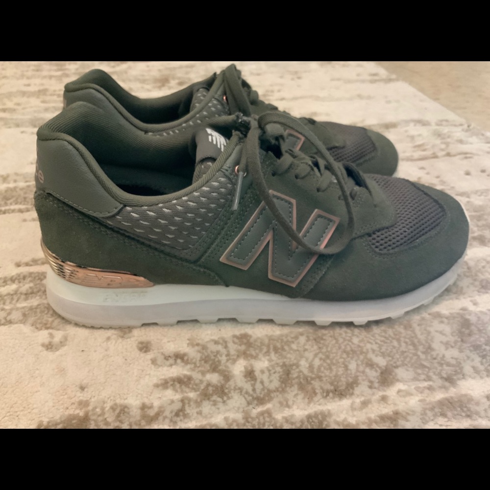New Balance 574 Dark Green Rose Gold Sneakers